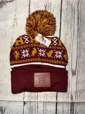 Warner Bros. Hogwarts Maroon and Gold Pom-Pom Knit Beanie